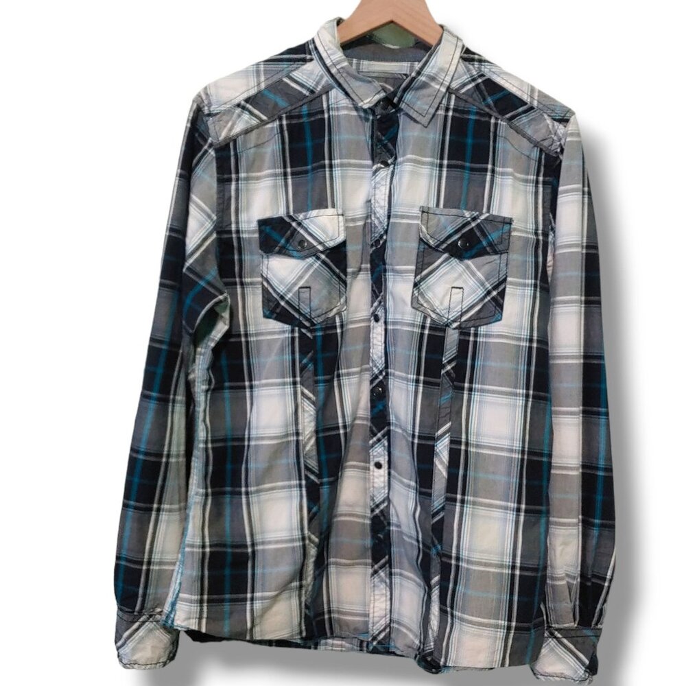 BKE shirt mens Medium snap-front long-sleeve plaid black white teal western